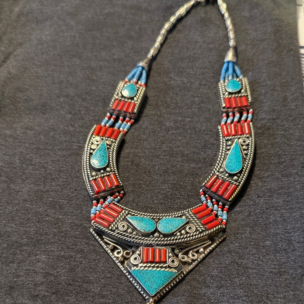 Turquoise and Red Statement Necklace